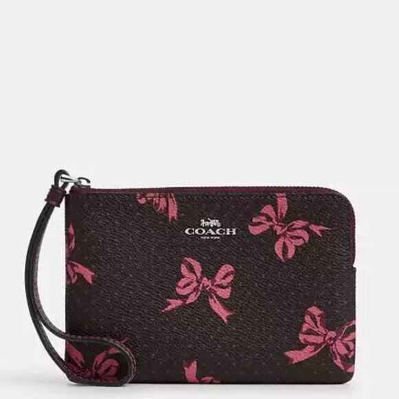 Coach Corner Zip Wristlet In Signature Canvas With Bow Print Bag Wallet Purse - Picture 6 of 9